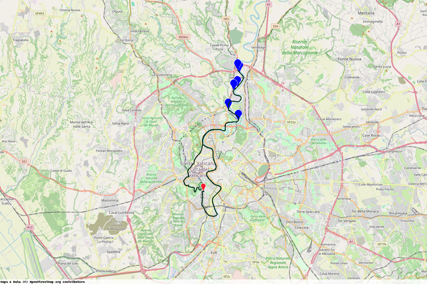 Map of route with blue markers for photo locations