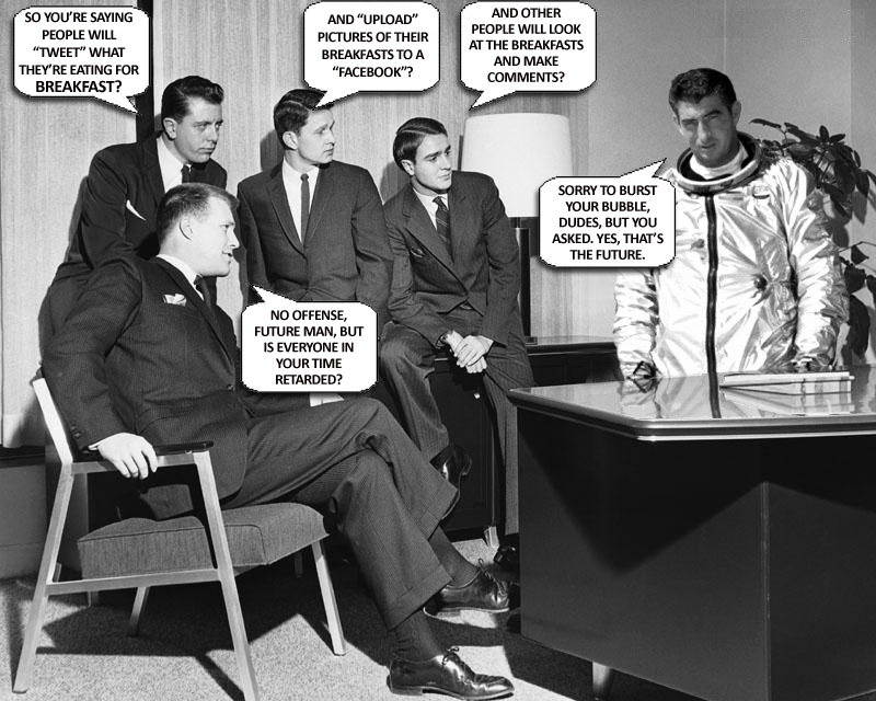 Men in suits mocking the idea of Twitter while a man in a space suit tells them that it is the future