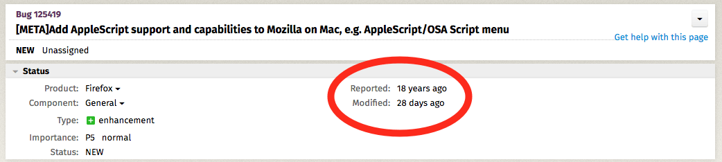 screen grab of 18-year-old bug report in Mozilla