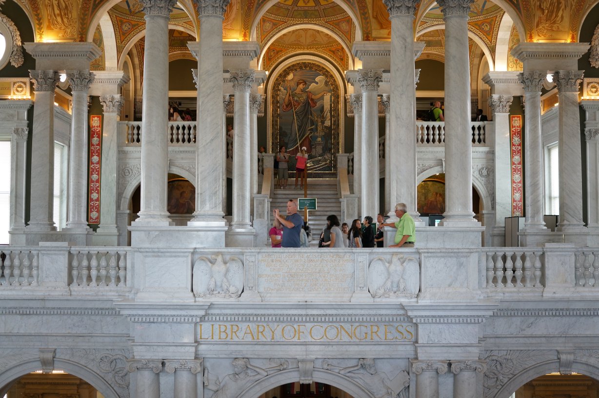 The entrance hall of the Library of Congress with the big mosaic at the top of the stairs