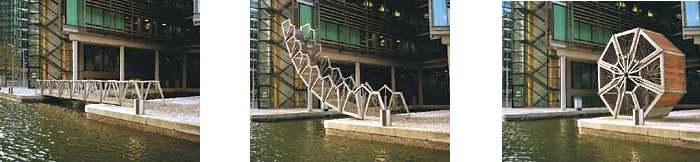 Three views of the footbridge that rolls into a wheel