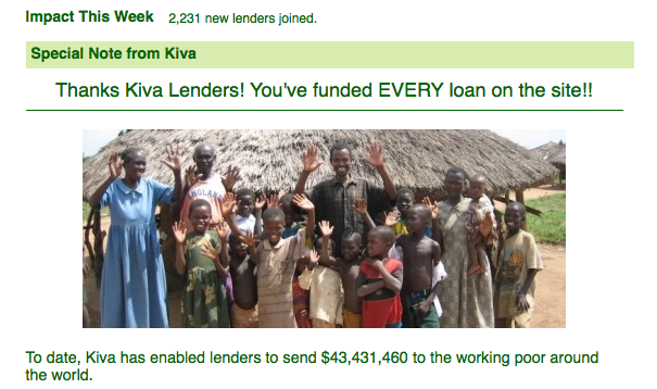 Screenshot of Kiva page showing all projects financed