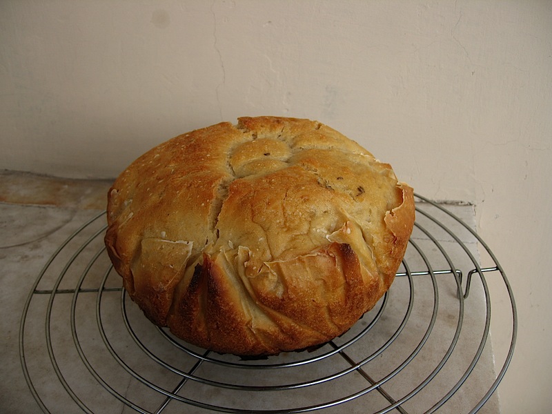Sourdough loaf that rose in qa bowl lined with parchment paper, hence the very strange shape