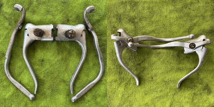 Disassembled dirty brake levers (left) and clean, reassembled (right)