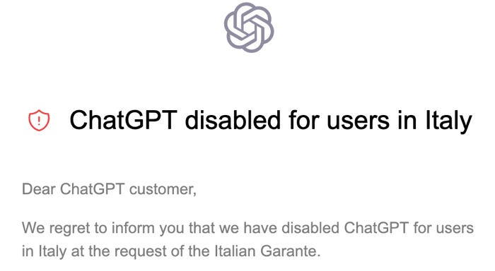 Screenshot telling me ChatGPT has been disabled for users in Italy