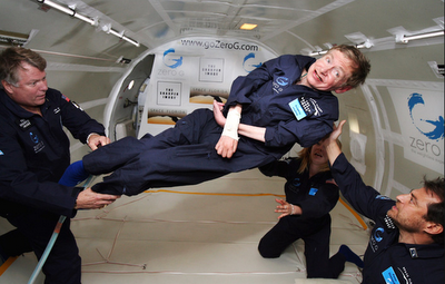 Stephen Hawking floats weightless on a zero-gravity flight