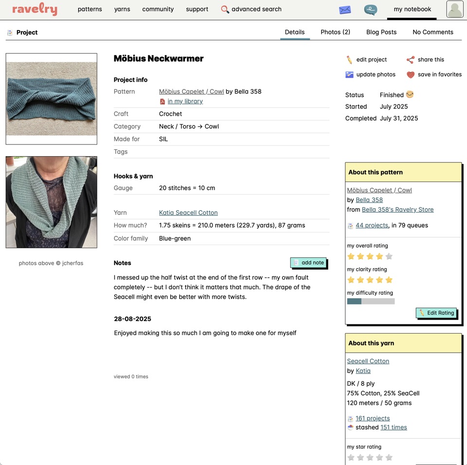 Screenshot of project entry on Ravelry website