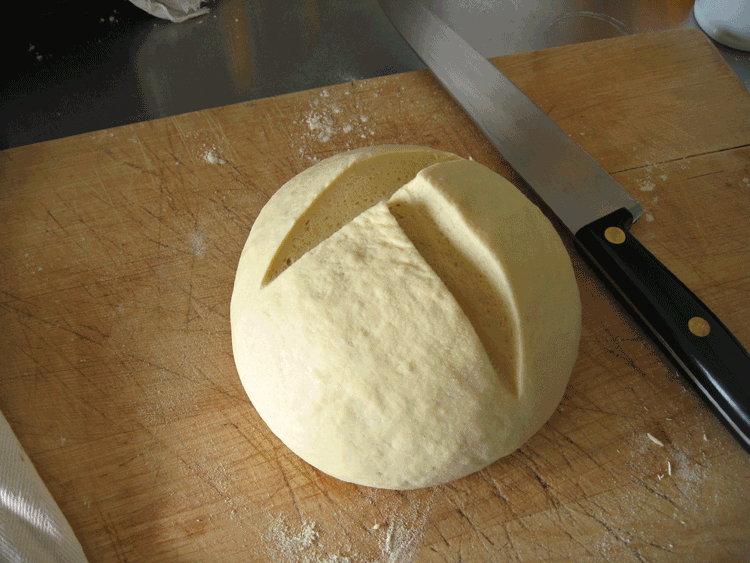 Loaf slashed and ready for baking