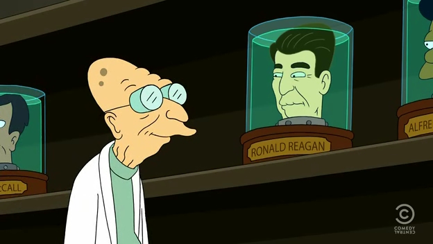 Futurama cartoon of Ronald Reagan's head in a jar