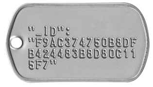 Fake military-style dog tag with a 32-digit identifier