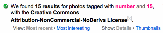Screenshot from Flickr, showing that 15 results exist for photos tagged number and 15