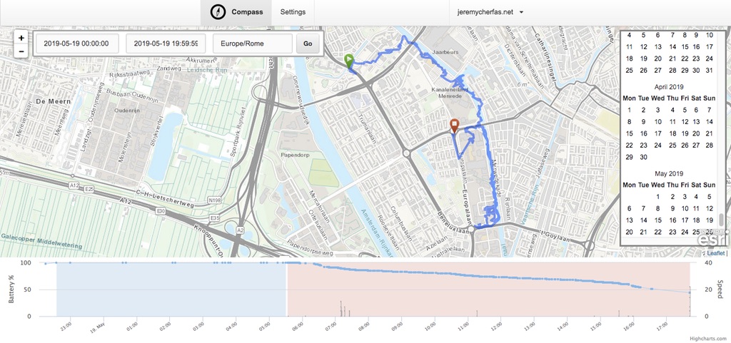 screen showing route displayed by compass tracker