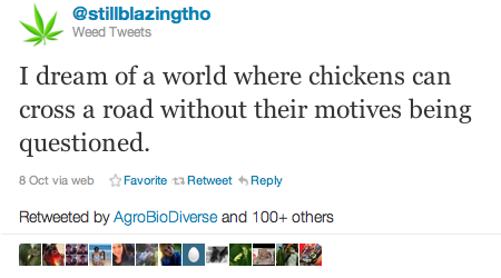 Screenshot of a tweet that says I dream of a world where chickens can cross a road without their motives being questioned