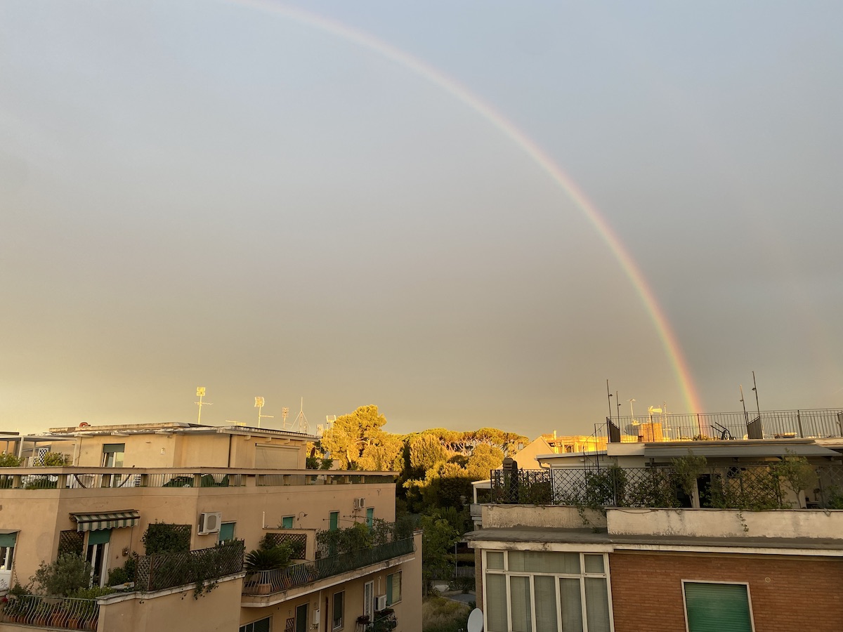 A bright rainbow over apartment blocks with umbrella pine trees in the background