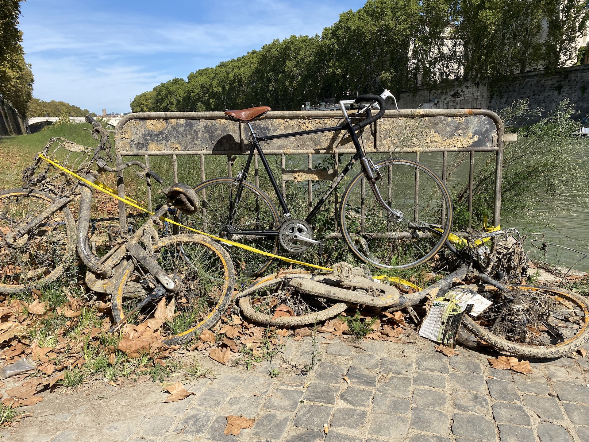 My bicycle leaning against a muddy railing with the river in the background. Below my bicycle are the mud-encrusted ruins of two bicycles presumably dredged from the river.