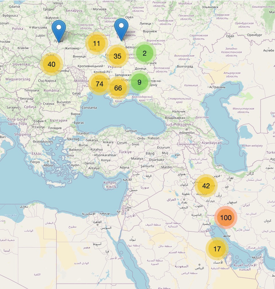 Map of clustered collection locations for all georeferenced material in Ukraine national genebank showing obviously incorrect data