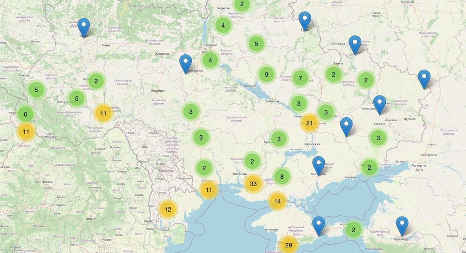 map showing clustered locations for accessions of crop diversity collected in Ukraine
