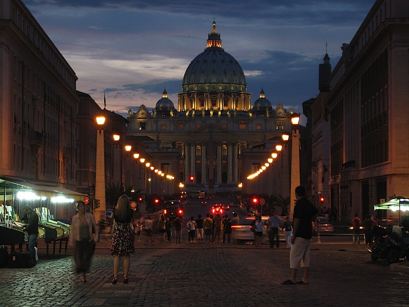 St Peter's Rome at dusk, looking up the Via della Conciliazione