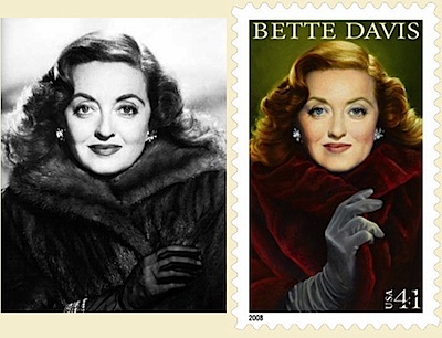 Photo of Bette Davis alongside stamp based on the photo with the cigarette airbrushed out
