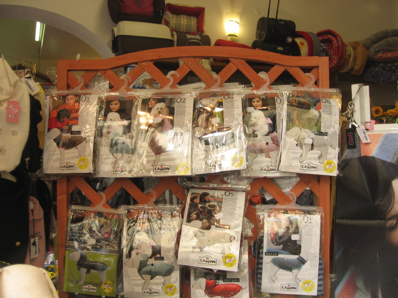 Coats for dogs on display in a petshop window