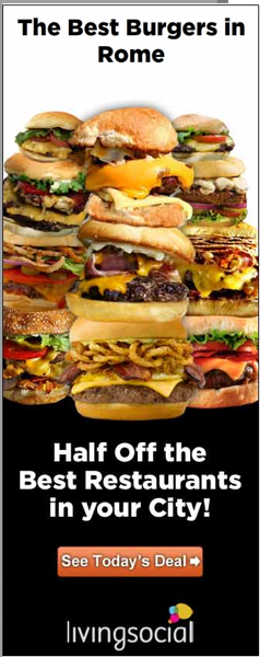 An advertisement for the best burgers in Rome, showing a stack of monumentally unappealing and unItalian hamburgers
