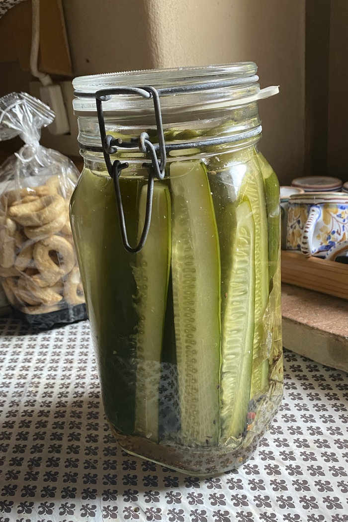 A tall glass jar stuffed with cucumber spears and assorted pickling spices, including grape leaves to preserve crispness