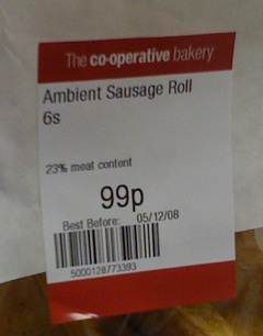 Close-up of sausage roll label